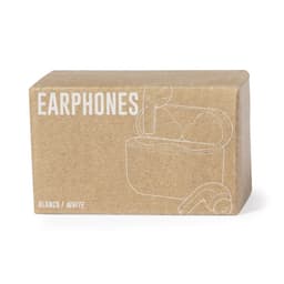 A rectangular brown box containing white earphones with an open case design. The box features a logo.