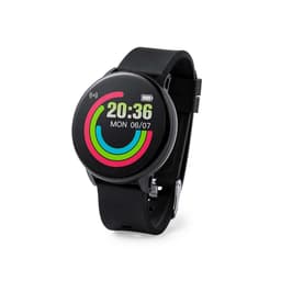 A black smart watch with a round display featuring colourful graphics and a modern design.