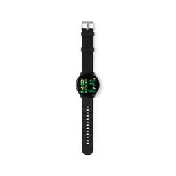 A black smart watch with a round face, featuring a vibrant green digital display and a strap with multiple holes.