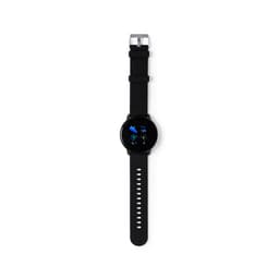 A black smart watch with a circular face and a digital display, featuring a silicone strap and a logo.