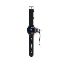 A black smart watch with a round face and adjustable strap, connected to a charging cable.
