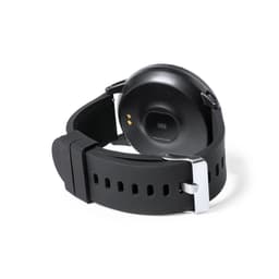 A black smart watch with a silicone strap and a silver buckle, showcasing the back view with charging contacts.