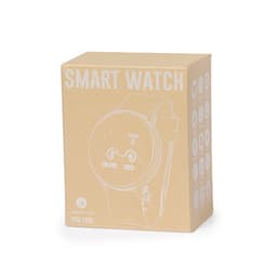 A beige box containing the Krirt Smart Watch, featuring a round face and a wristband, with a logo on it.