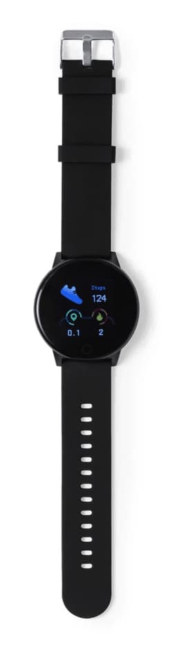 A black smart watch with a round face and a black strap, featuring a digital display and a logo.