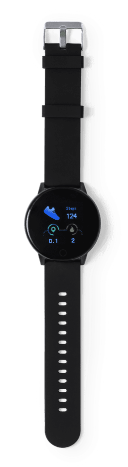A black smart watch with a round face and a silicone strap displays various metrics on the screen.