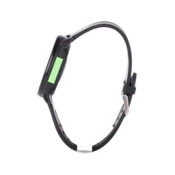 A sleek black smartwatch with a green display and a black strap, featuring a logo on the side.