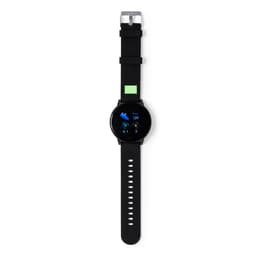 A black smart watch with a round face and a black strap, featuring a small logo on the strap.