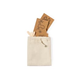 A small beige bag containing game cards with simple illustrations and wooden pieces.