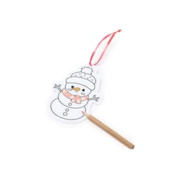 A snowman-shaped colouring tag with a red ribbon and a brown colouring pencil. Features a winter hat and scarf design.