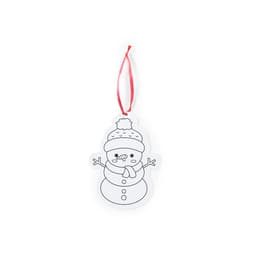 A white snowman decoration with a red ribbon, featuring a happy face and winter clothing details, ready for colouring.