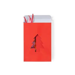 A red gift box with a cut-out Christmas tree design, adorned with colourful ribbons inside.