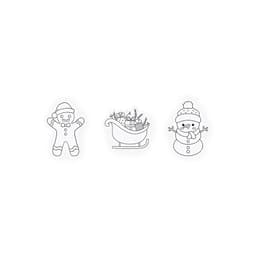 A set of festive outlines featuring a gingerbread man, a sleigh filled with presents, and a snowman.