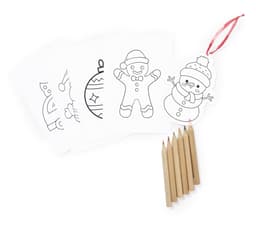 A set of colouring pages featuring festive characters and six wooden colouring pencils. The pages are white with outlines.