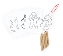 A set of colouring sheets featuring holiday designs and wooden coloured pencils in light brown.