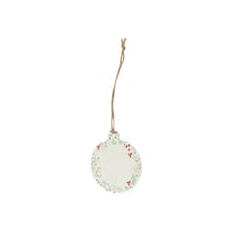 A white circular tag with a decorative red and green floral border, featuring a natural twine for hanging.