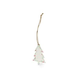 A decorative paper tag shaped like a Christmas tree, featuring a green and red holly design with twine for hanging.