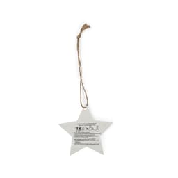 A white star-shaped tag with a twine string, featuring instructions printed on one side.
