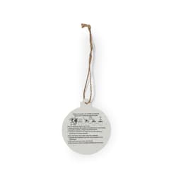 A circular tag with instructions for planting seeds, attached to a brown string. The tag is predominantly white.