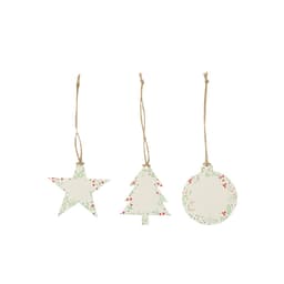 A set of three decorative hanging ornaments in star, tree, and round shapes, featuring a festive design with greenery and red accents.