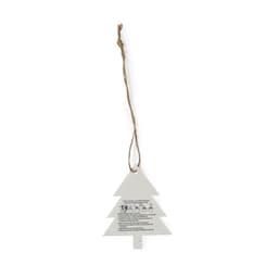 A white Christmas tree-shaped tag with a brown twine loop, featuring instructions on the back.