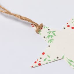 A star-shaped tag with a floral design in green and red, attached with a jute twine.