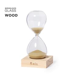 A five-minute sand timer featuring a clear borosilicate glass design and a wooden base.