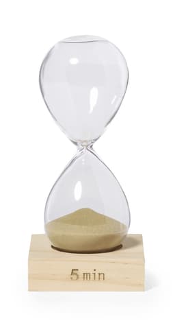 A glass sand timer with a wooden base, featuring golden sand, designed for timing activities.