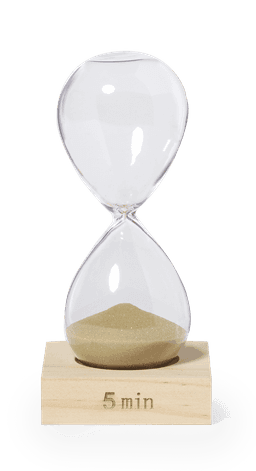 A sand timer featuring a transparent glass body with golden sand and a wooden base, indicating a 5-minute duration.