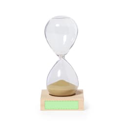 A clear glass sand timer with a wooden base, featuring golden sand inside. It has a logo on the base.