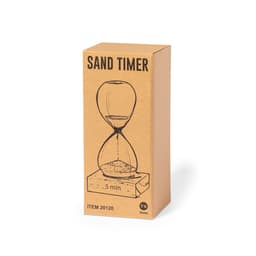 A sand timer in a brown cardboard box featuring a simple illustration and a wooden base, designed for five-minute timing.