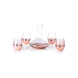 A glass decanter in a curved shape with four matching rose gold-stemmed glasses.