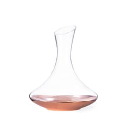 A glass wine decanter featuring a clear body and a rose gold base, elegant in design and shape.