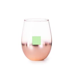 A rose gold stemless wine glass with a smooth gradient finish, featuring a green square placeholder.