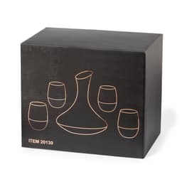 A black box featuring a wine decanter and four glasses outlined in rose gold. The box has a logo.
