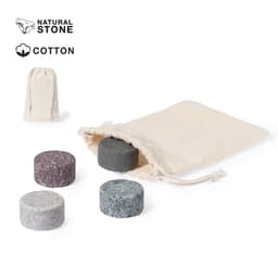 A set of four natural stone ice cubes in various colours, packaged in a cotton drawstring pouch.