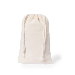 A drawstring bag in natural beige fabric, featuring a cinched closure and soft texture.