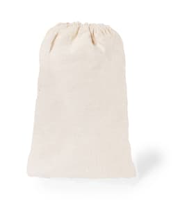A cream-coloured drawstring pouch made from natural fabric, designed for storing items securely.