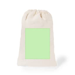 A natural fabric drawstring bag in cream, featuring a large green blank area for customisation.