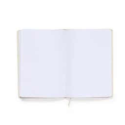 A notepad with blank, white pages and a beige cover, featuring a ribbon bookmark and an interior logo.