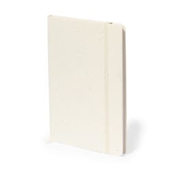 A white notebook with a speckled design, featuring a cover and an elastic band.