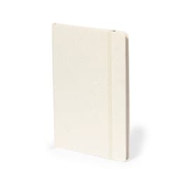A cream-coloured notebook featuring a textured cover, elastic band, and a logo on the front.