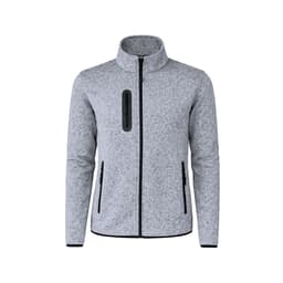 A grey polar fleece jacket with a zip front, high collar, and two side pockets. Features a small pocket on the chest and has a logo.