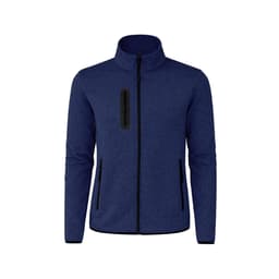 A navy polar fleece jacket featuring a zip front, high collar, and pockets, with a logo on the chest.