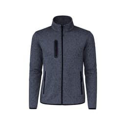 A polar fleece jacket in a textured dark grey with black zippered pockets and collar. It features a logo on the chest.