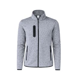 A polar fleece jacket in light grey with a zip front, featuring black accents and a chest pocket.
