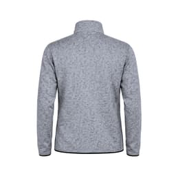 A grey polar fleece jacket with a high collar and a smooth texture, featuring a branding logo.