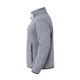 A grey polar fleece jacket featuring a zippered front and pockets, with a high collar and a subtle texture.