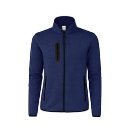 A navy polar fleece jacket with a zip front, side pockets, and a small chest pocket featuring a logo.