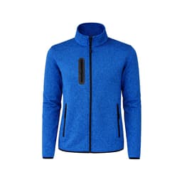 A blue polar fleece jacket with a high collar and zippered front pockets, featuring a black logo.