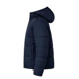 A navy rain jacket with a hood, featuring a quilted design and a side pocket, has a branding logo.